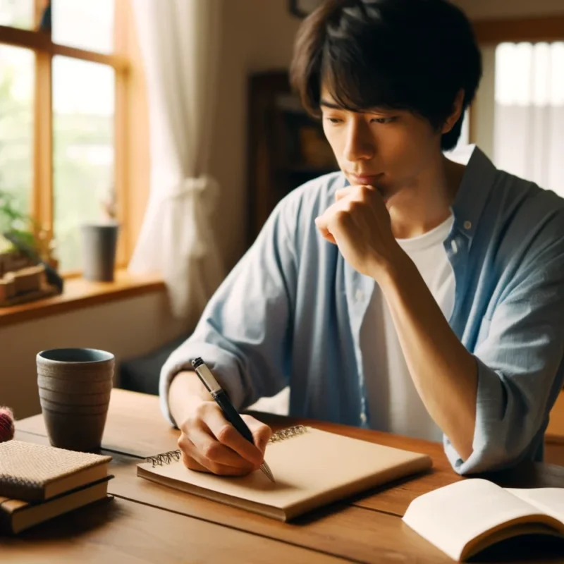 Japanese title ：タイトルを書きながら考える男性